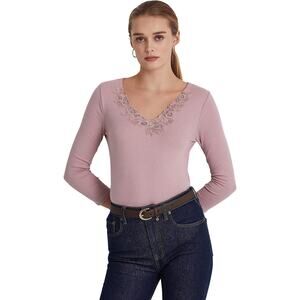 Lauren Ralph Lauren Women Lilac Cotton Knit Lace Trim Casual Slim Top Size M